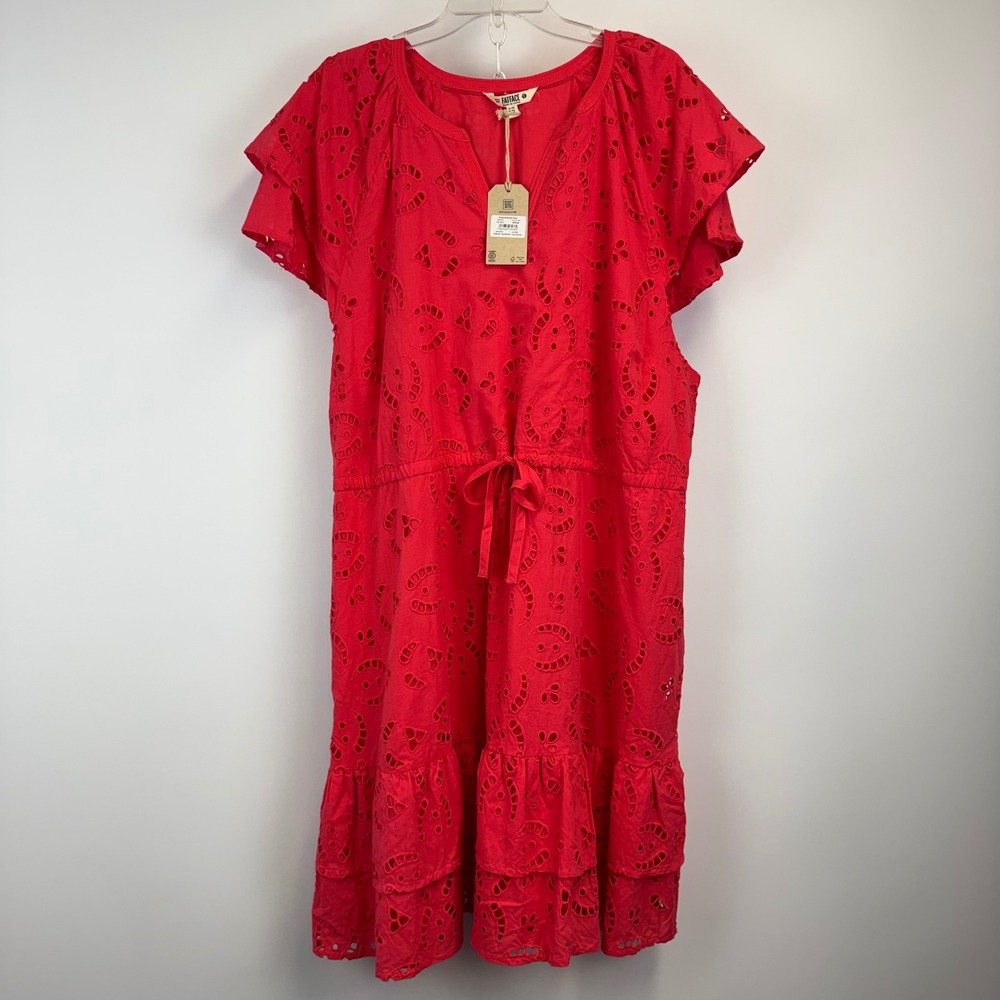 FatFace Brady Broderie Dress Tomato Red Eyelet Cotton Midi US 18L New